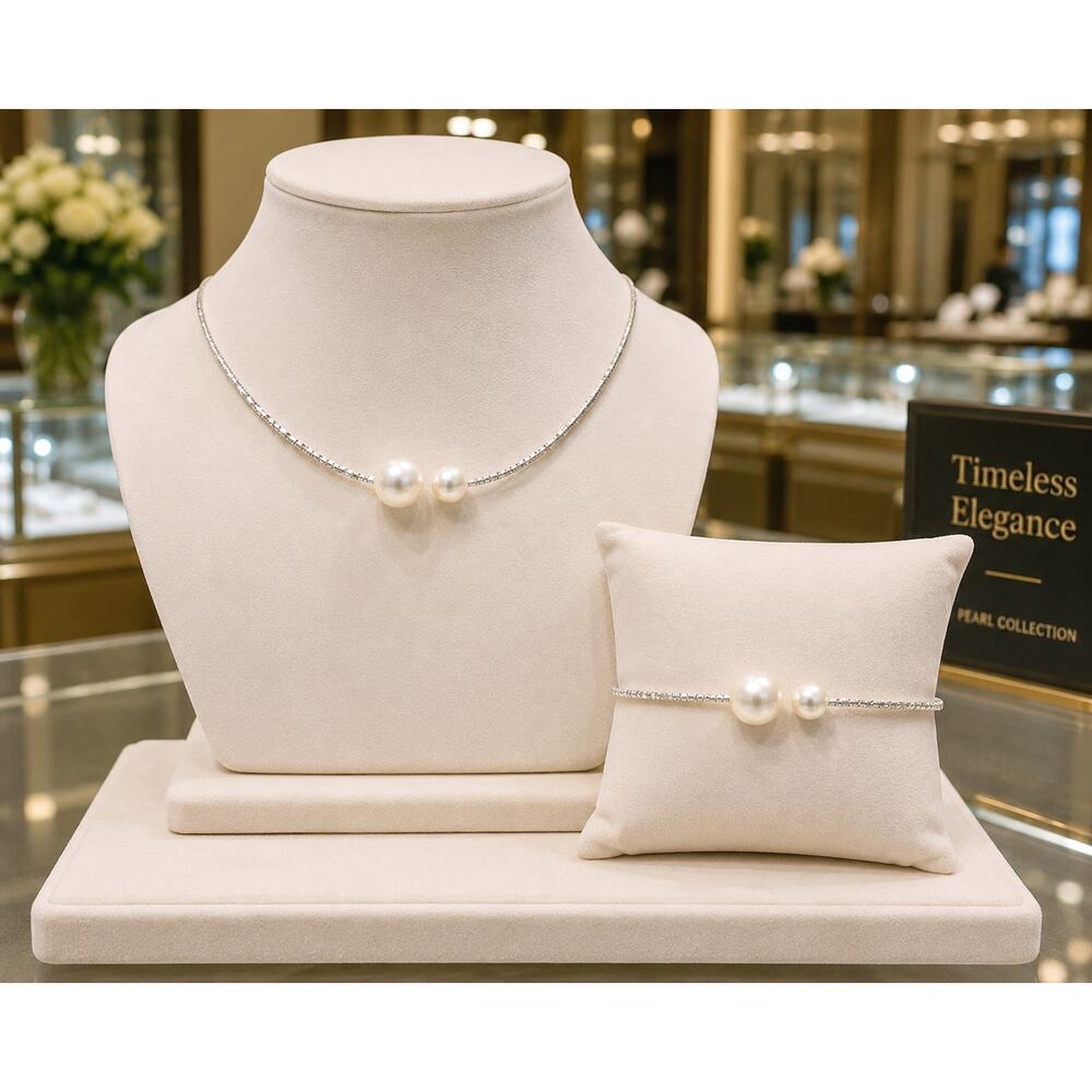 Baroque Style Faux Pearl Rhinestone Choker & Bracelet Set Silver
